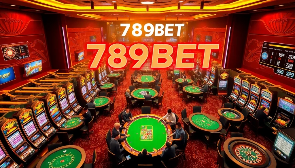 Experience the excitement of 789BET at vibrant casino tables filled with players and dazzling slot machines.