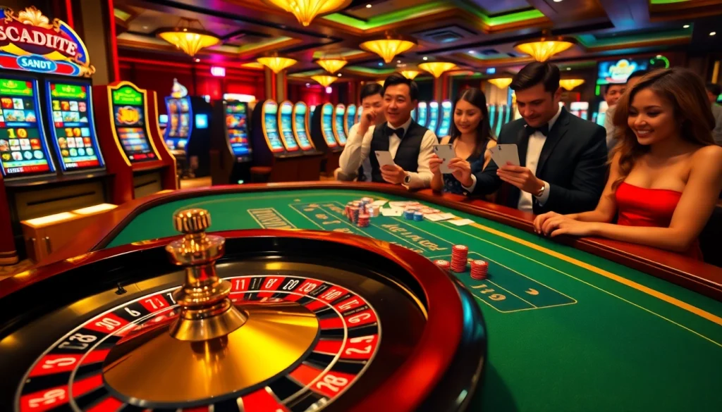 A lively casino scene featuring players at a roulette table, showcasing the excitement of gaming and referencing luongsontv for live gambling action.