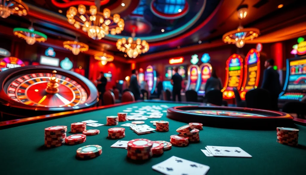The lively casino scene showcases i1dompet's vibrant gaming experience with poker chips, cards, and a roulette wheel.
