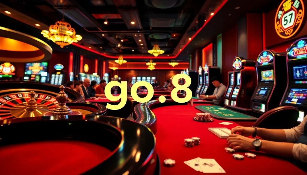 Experience the excitement of go.8 gambling with illuminated slot machines and eager players at the tables.