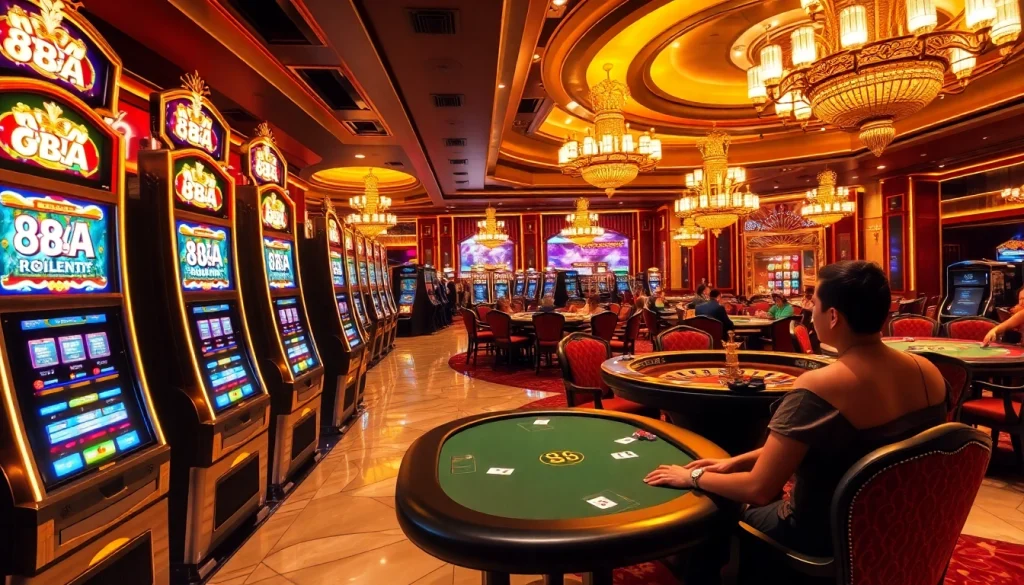Experience the thrill of the 88AA casino with vibrant slot machines and an exciting poker game setting.