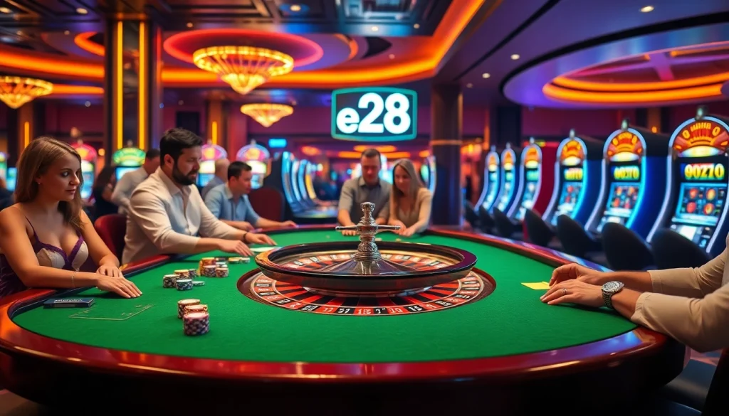 In a vibrant casino at the roulette table, players engage excitedly as they place bets, embodying the thrill of e28 gambling.