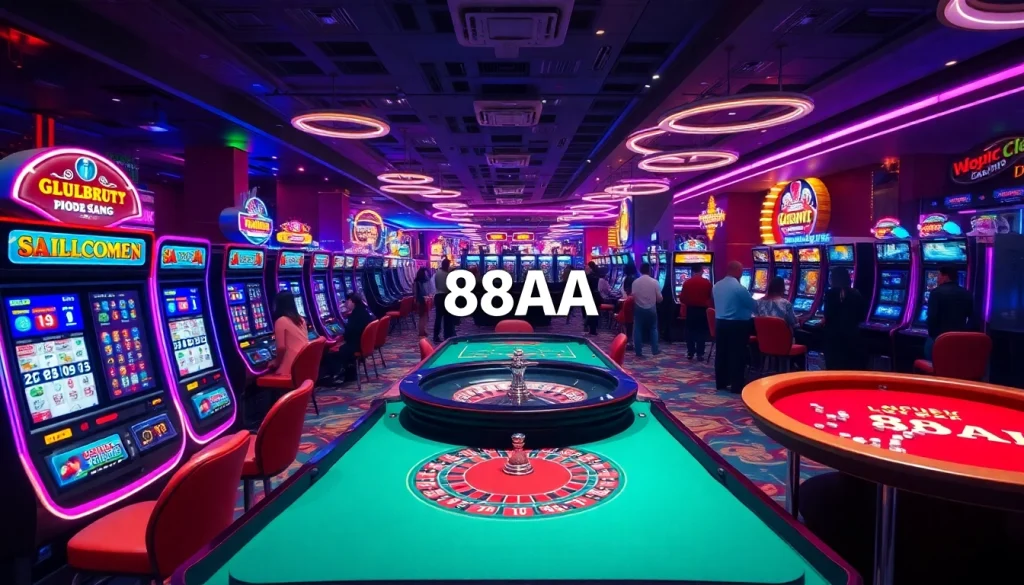Experience the thrill of 88AA in a bright casino setting filled with vibrant slot machines.