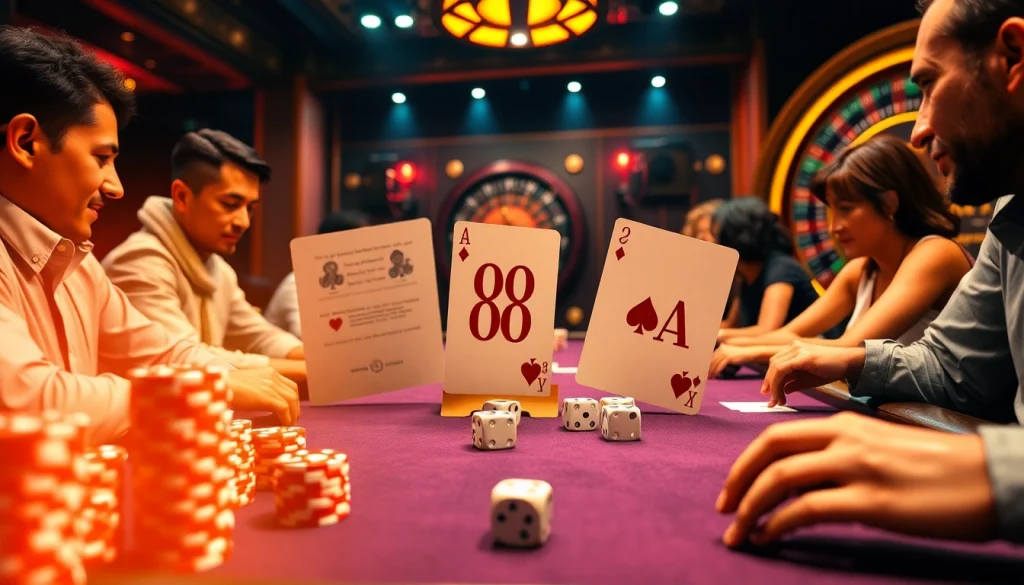 Discover the thrill of the casino with players enjoying a game of poker featuring 88 AA-themed cards and vibrant chips.
