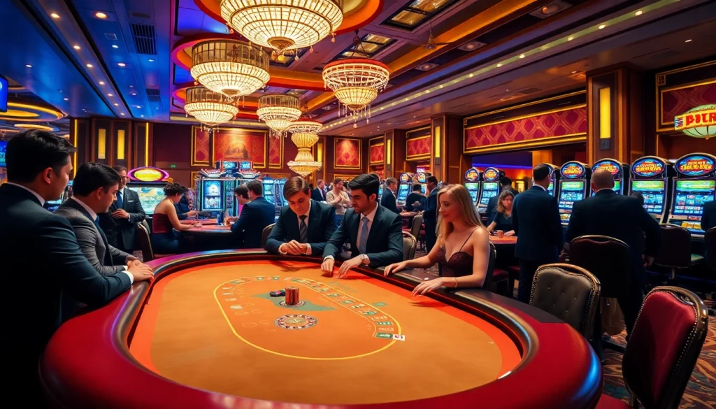 A vibrant casino scene with players enjoying poker, showcasing luck and excitement in a high-stakes game ambiance including 'nohu' elements.