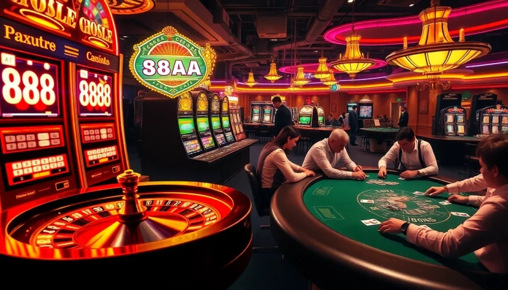 Experience the casino excitement with "88AA" slot machines and poker tables, highlighting thrilling gambling action.