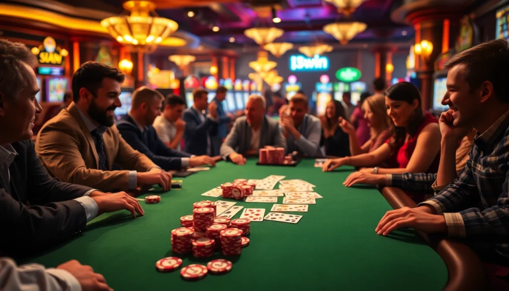 Exciting poker game in a casino with 13win poker chips and vibrant atmosphere.