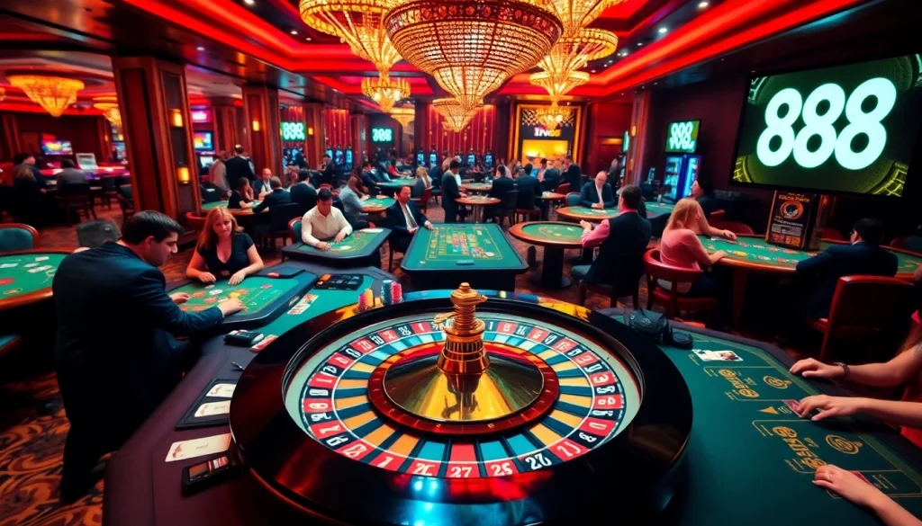 TV88 casino scene with players enjoying blackjack and roulette, vivid colors and thrilling atmosphere.