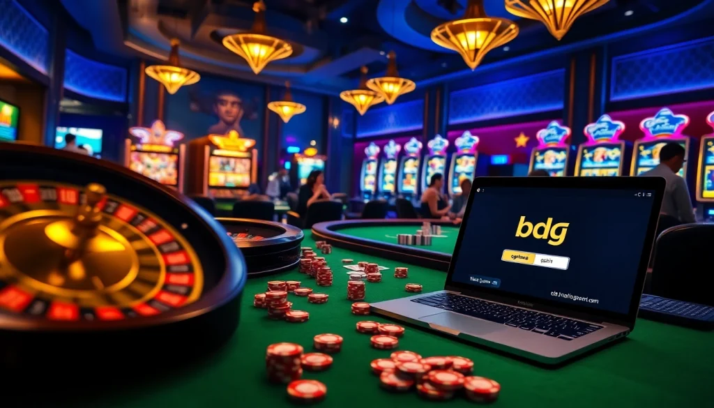 Experience the thrill of gaming as players focus on the 'bdg game login' at a lively casino, surrounded by vibrant slot machines and poker chips.