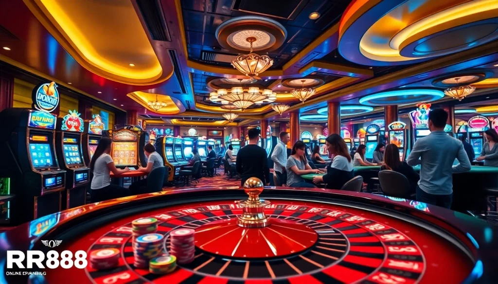 Players celebrate an RR88 win at a vibrant casino, showcasing excitement around gaming tables.