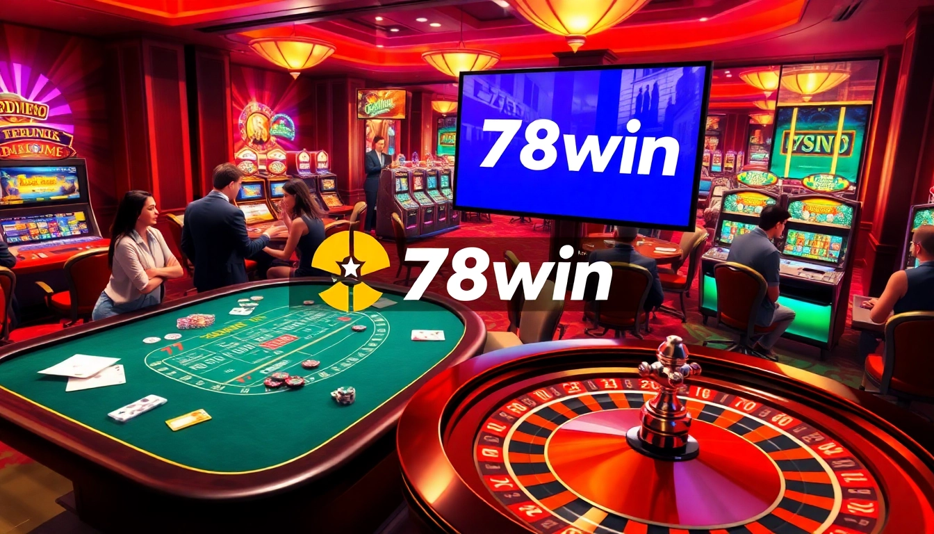 Engaging gambling scene at 78win casino featuring players at tables and vibrant slot machines.